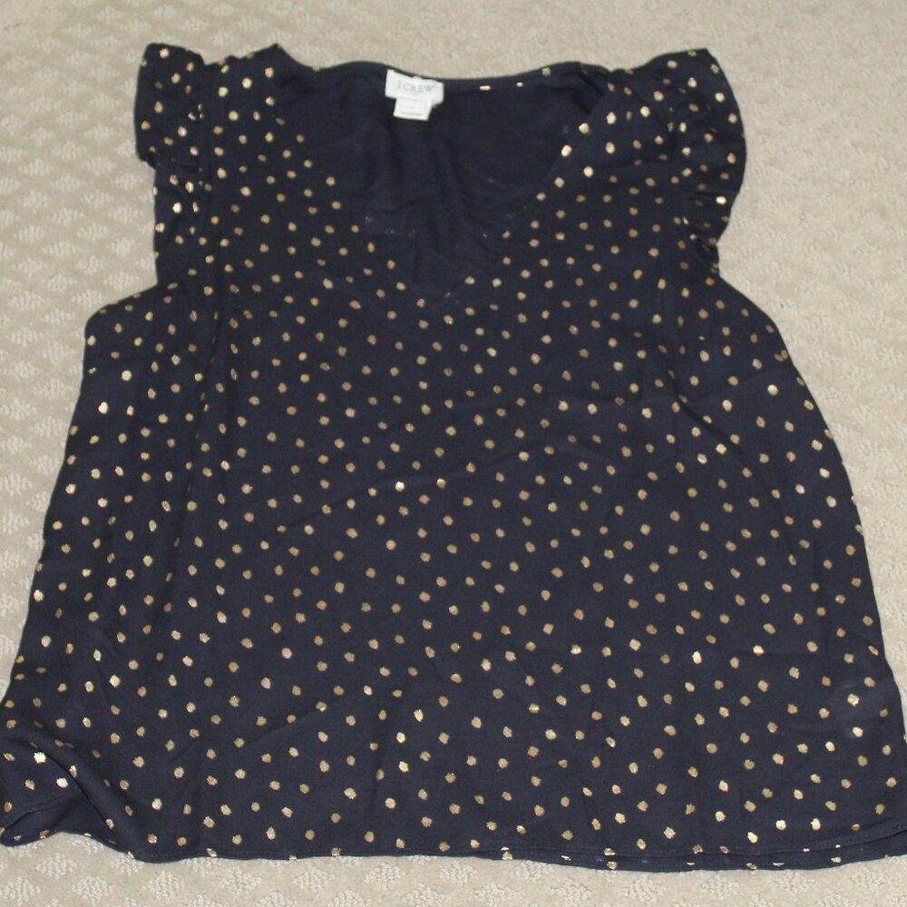 J. Crew Women's Size 6 Black w/ Metallic Gold Dots Ruffle Cap Sleeve V Neck